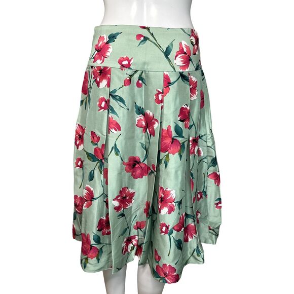 Express Skirt Women 6 Green Pink Floral Design Studio A-Line Skirt Silk Colorful - Picture 4 of 8